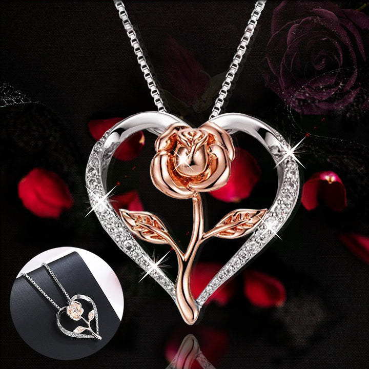 Zircon Heart Rose Silver Necklace For Women